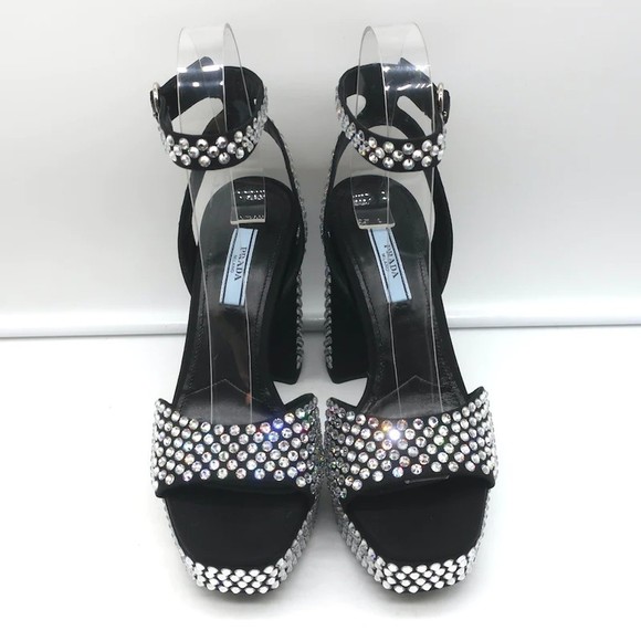 Prada Crystal-Embellished Platform Sandals Black Satin Size 36 Ankle Strap Heels - Picture 3 of 10
